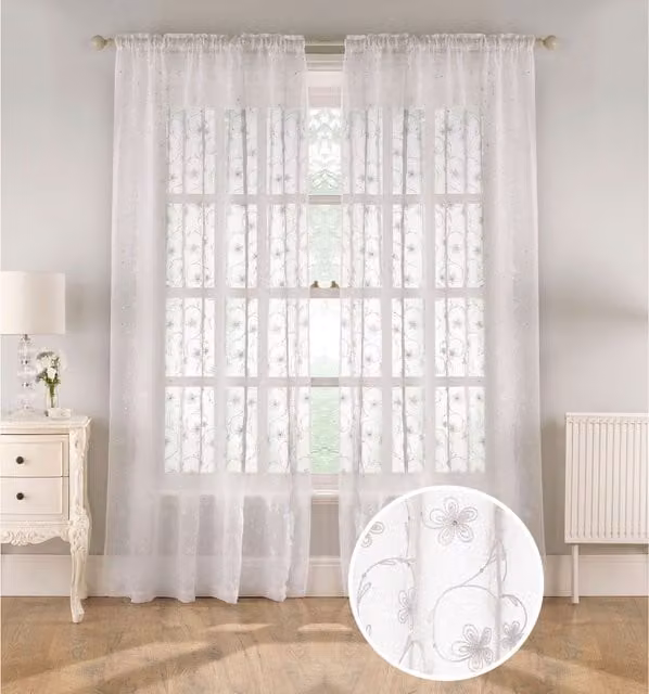 Tyrone Textiles Pair of White Sheer Linen Look Voile Panels with Floral Print and Sequins, Height: 229 cm