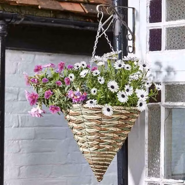 Garden Mile Rattan Effect Cone Hanging Basket Planter in Brown and Grey, Diameter: 35.56 cm