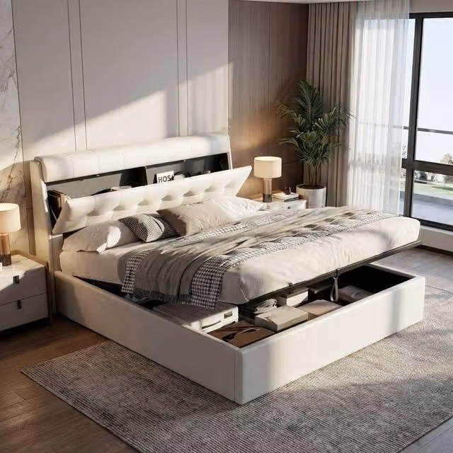 ModernLuxe Upholstered Double Bed with Hydraulic Lift-Up Storage and Headboard in White Synthetic Leather, W/D/H: 140 x 200 x 150 cm – 1