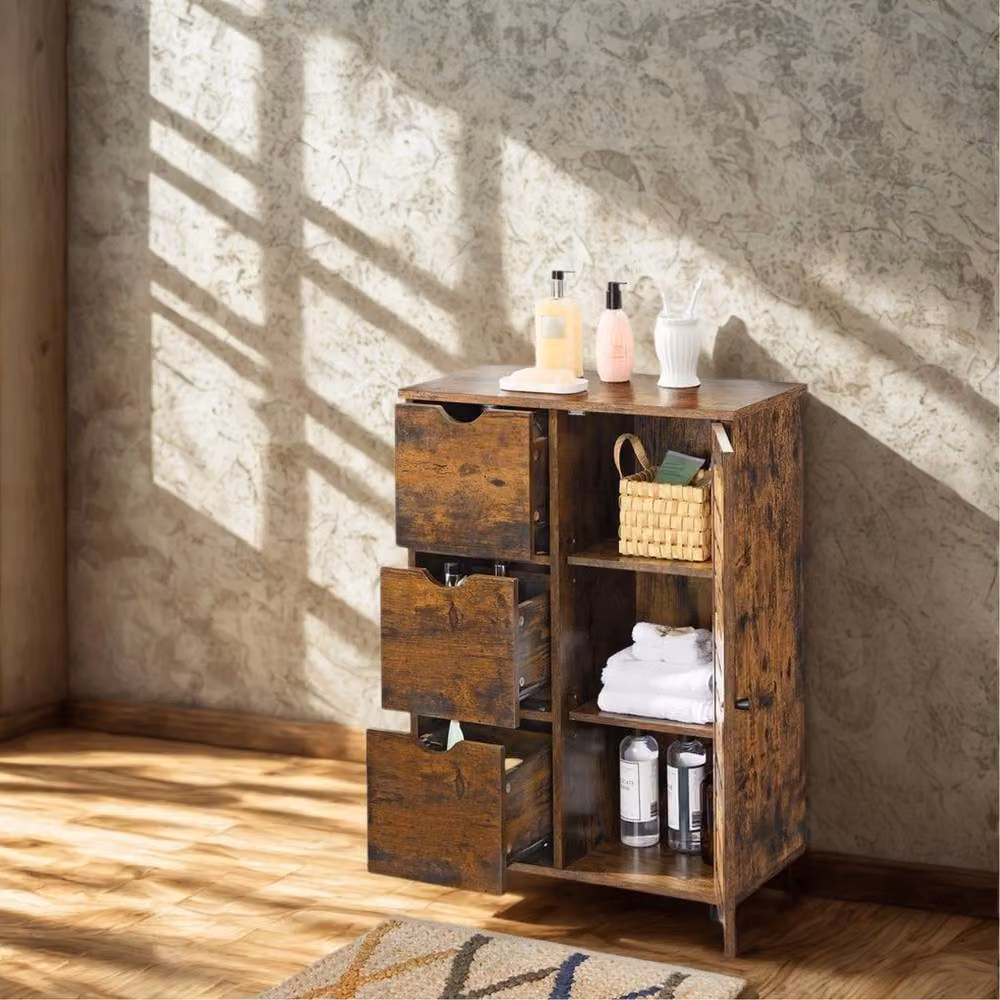 Pirlo Plush Brown Vintage Bathroom Floor Cabinet with 3 Drawers and Hinged Doors – 3