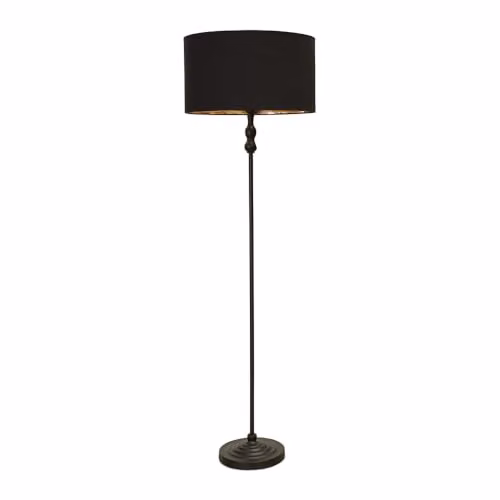 ValueLights Black Metal Candlestick Floor Lamp with Gold Fabric Cylinder Shade and LED Bulb – 1