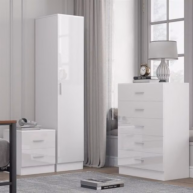 Reflect Modern Bedroom Furniture Set in White Gloss and Matt White Finish featuring 1 Door Wardrobe, 5 Drawer Chest and 2 Drawer Bedside Table