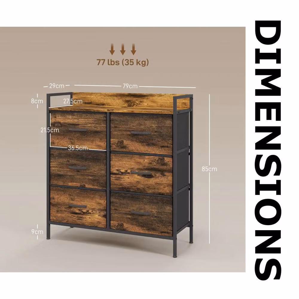 FURNOS Industrial 6 Drawer Chest Storage Unit with Shelf, Brown – 6