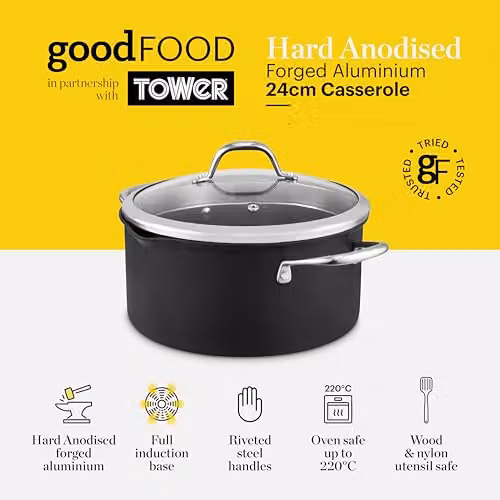 Tower Hard Anodised 24cm Casserole Dish with Tempered Glass Lid and Ceramic Non-Stick Coating, Grey – 2