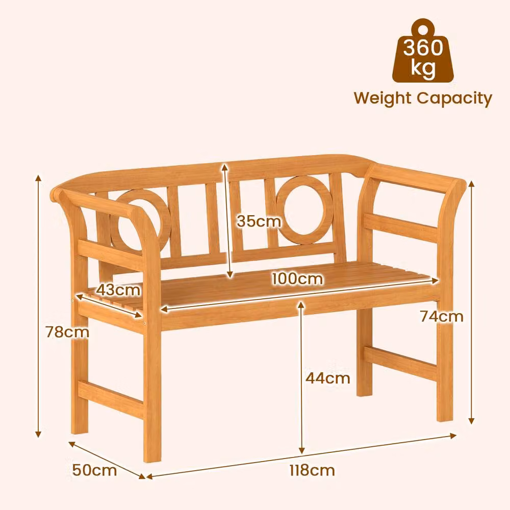 Costway Acacia Wood 2-Person Outdoor Bench Patio Loveseat with Backrest and Armrests in Natural Brown – 3