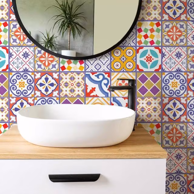 Walplus Red and Multicolour Mediterranean Geometric Adhesive Square Wall Tile Stickers, 24 Pack, W/D/H: 15 x 15 x 15 cm