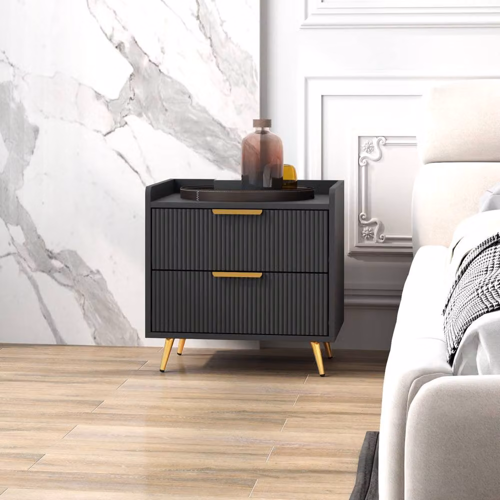 STILVORA Modern Bedside Table with 2 Drawers in Black and Gold – 4