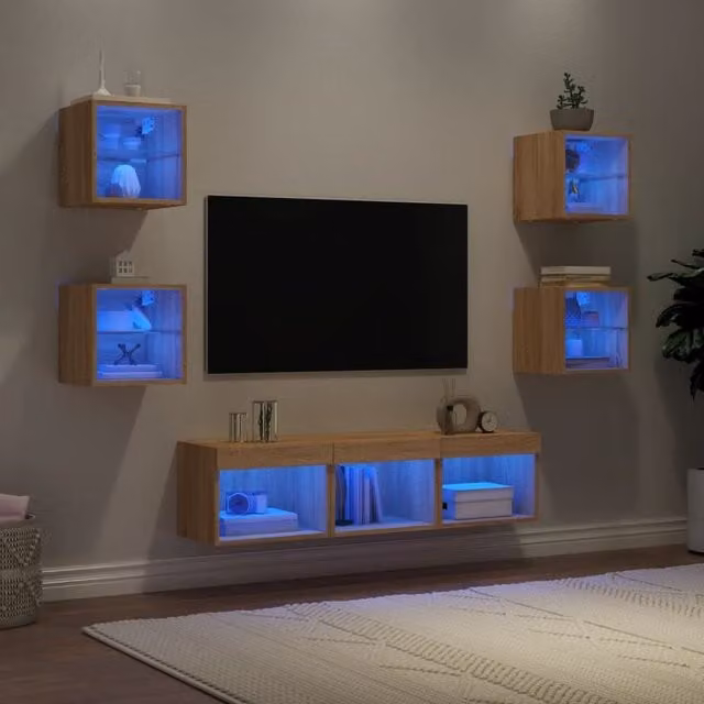 Berkfield Home 7 Piece Modern TV Wall Unit Set with Integrated LED Lighting in Sonoma Oak Brown