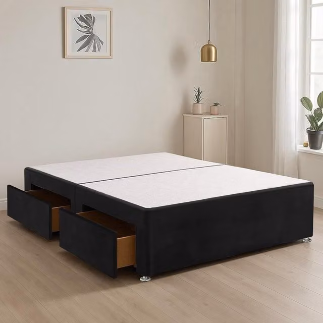 Bed Time UK Plush Fabric Divan Bed Base with 2 Storage Drawers, Black, W/D/H: 200 x 200 cm, Super King