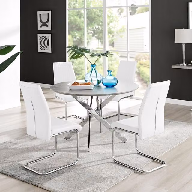 FurnitureboxUK Novara Grey Concrete Effect Round Dining Table and 4 White Lorenzo Chairs, Diameter: 120 cm