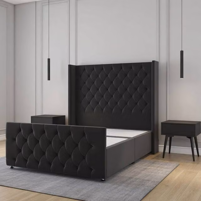 Regional Furnishings Black Velvet Plush Divan Bed Set with 54 inch Headboard and 20 inch Footboard, Single, W/D/H: 90 x 200 cm