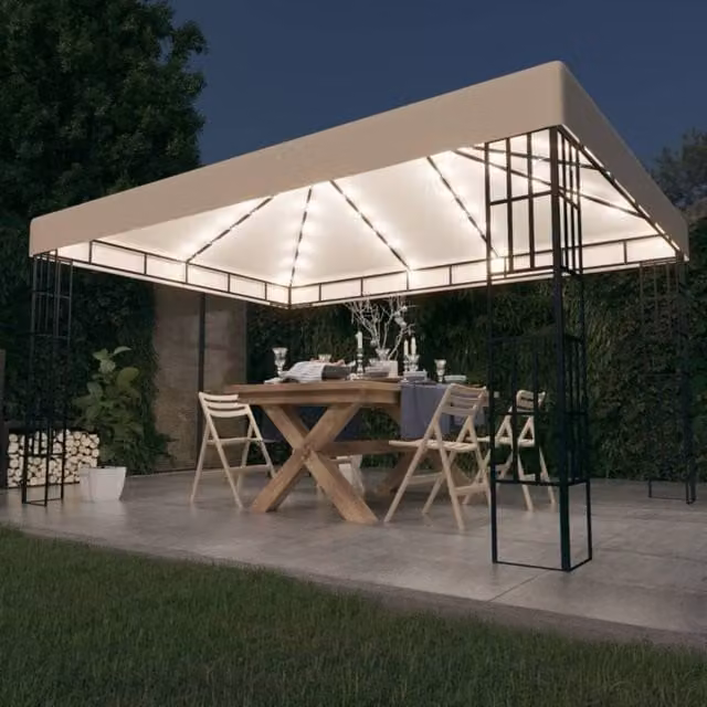 Berkfield Home Gazebo with LED String Lights, Beige, W: 4 m, D: 3 m