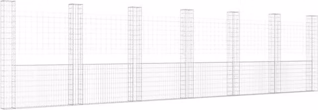 Berkfield Home U-shape Metal Gabion Basket with 7 Posts, Silver, W: 740 cm, D: 20 cm, H: 200 cm