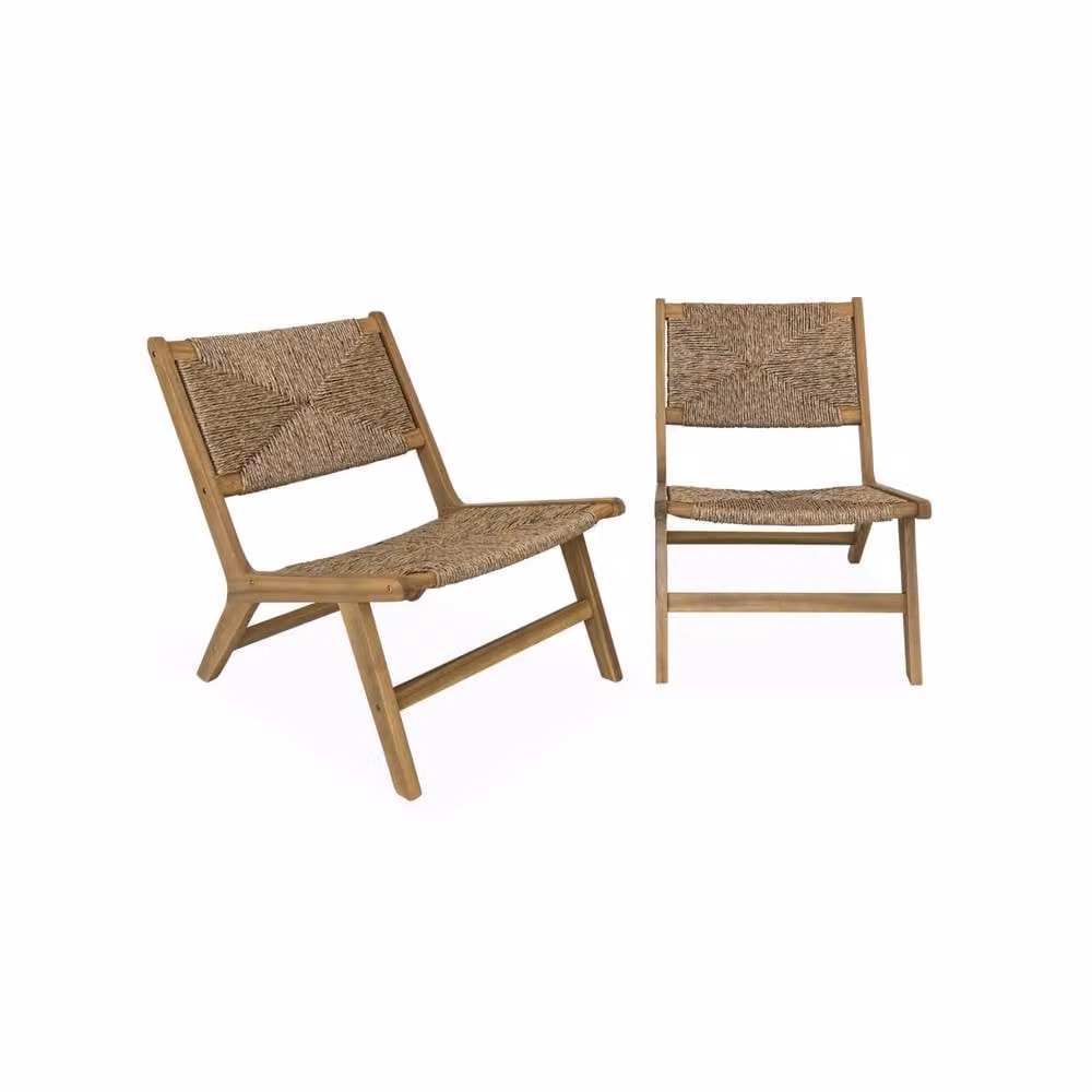 sweeek Pair of Rustic Acacia Wood Garden Chairs with Beige Resin Straw-like Seats – 2