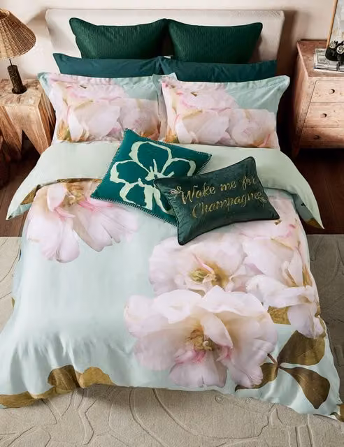 Ted Baker Gardenia Floral Mako Satin Cotton Bedding Set, Green, W: 200 cm, H: 220 cm, W: 200 cm