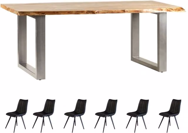 IH Design Modern Live Edge Acacia Wood Dining Table Set with 6 Chairs in Brown