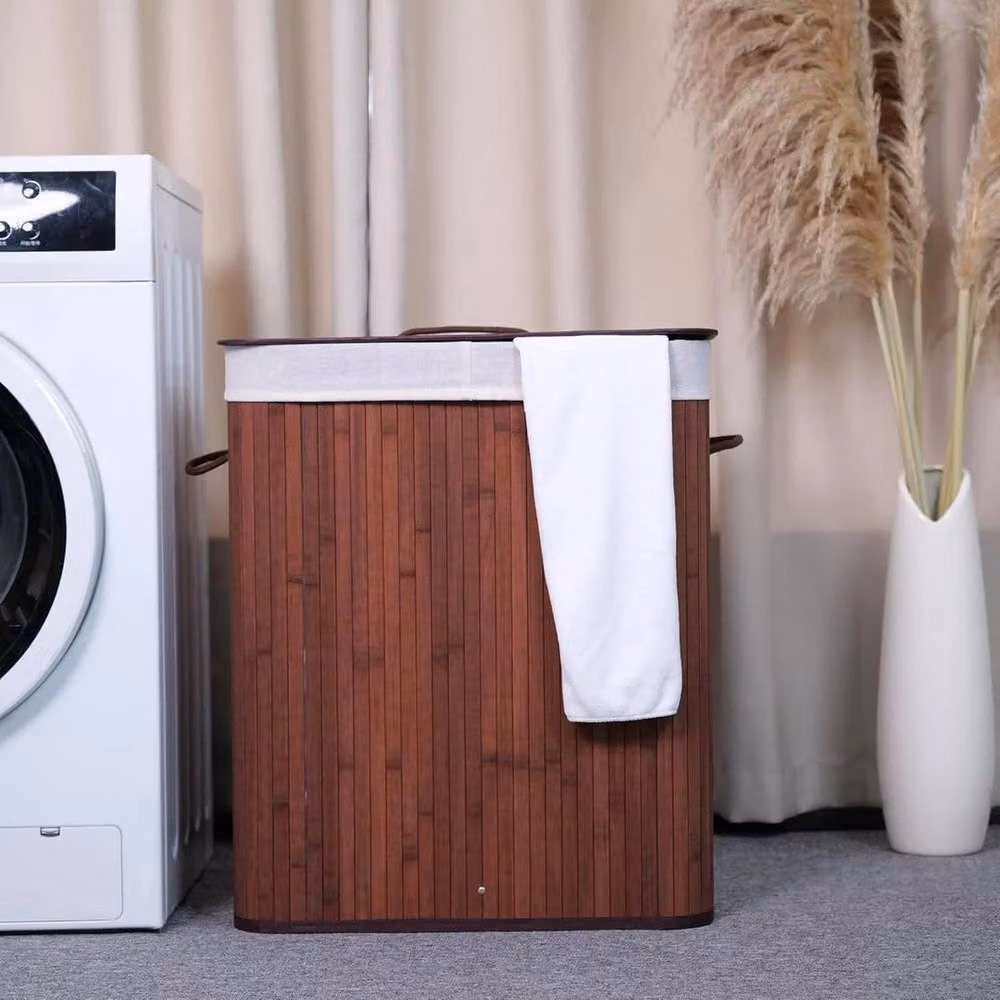 KORVIXA Brown Rectangle Bamboo Laundry Basket with Lid and Removable Bag, W/D/H: 100 x 100 x 63 cm – 3