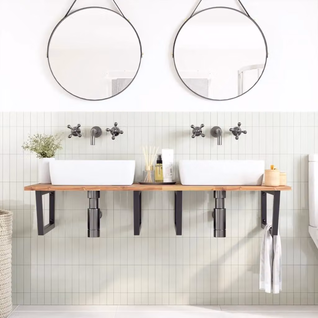 Berkfield Home Wall Mounted Basin Shelf in Brown Acacia Wood and Steel – 2