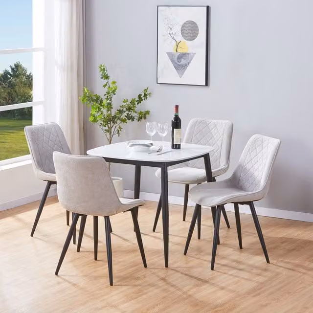 Aspen Gloss White Sintered Stone Square Dining Table and 4 Light Grey Cord Fabric Chairs Set