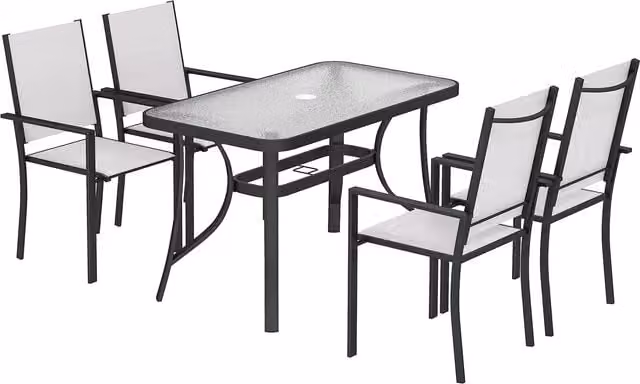 Outsunny Modern Garden Dining Set for 4 with Rectangular Glass-Top Table and Stackable Chairs in Light Grey