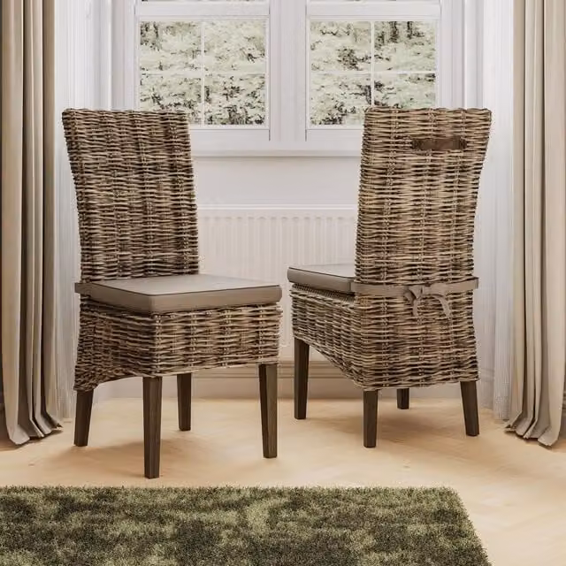 FWStyle Set of 2 Rustic Solid Pine and Rattan Dining Chairs in Natural Brown with Greywash Finish