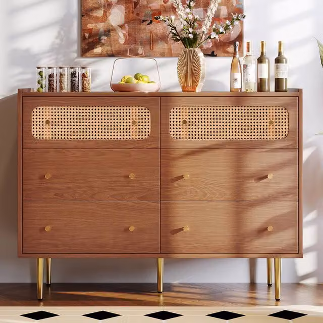 Merax Rattan Sideboard Chest of Drawers with Rounded Corners in Walnut and Gold