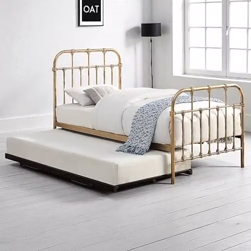 OAT Home Camden Metal Single Guest Bed with Black Trundle in Antique Brass Effect, W/D/H: 90 x 190 x 100 cm