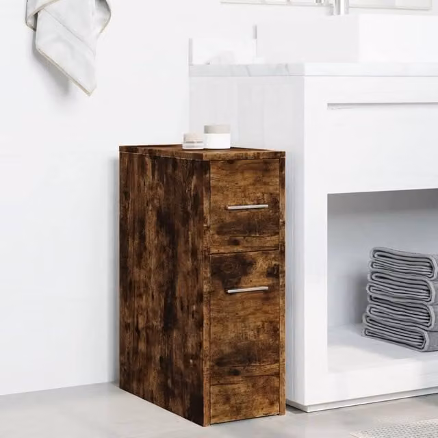 Berkfield Home Narrow Bathroom Cupboard with Wheels in Smoked Oak Brown, W/D/H: 22.0 x 44.0 x 61.5 cm – 1