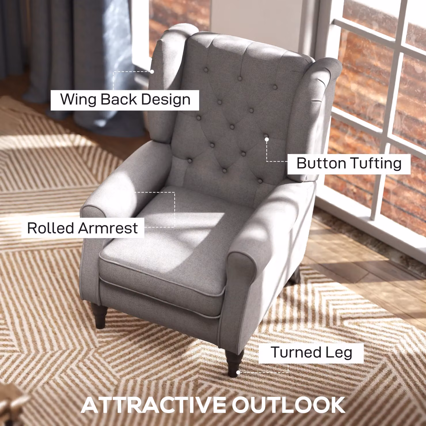 HOMCOM Grey Fabric Wingback Accent Armchair with Solid Wood Frame and Button Tufting – 5