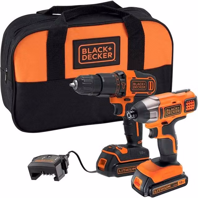 Black and Decker BCK25S2S-GB 18V Cordless Combi Drill and Impact Driver Set in White, Black and Orange