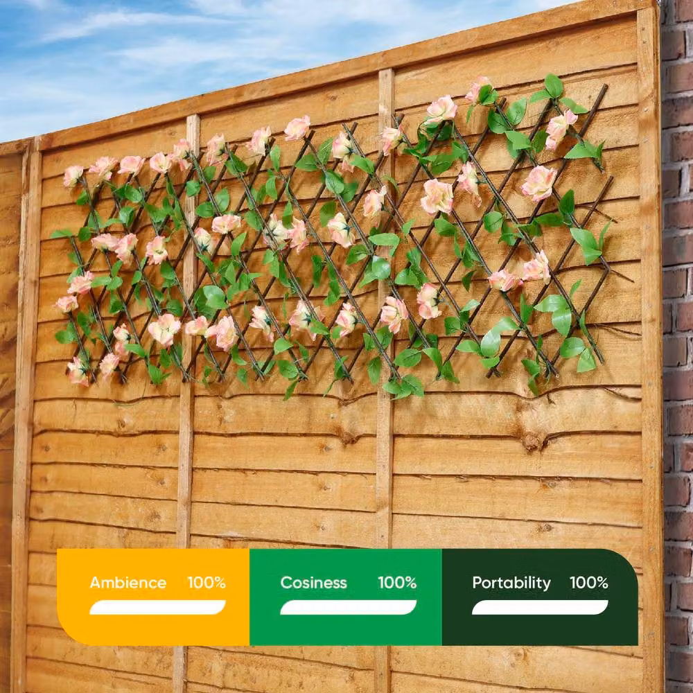 Gardenwize Solar Powered 100 LED Extendable Garden Trellis with Pink Flowers and Faux Ivy Backdrop – 3