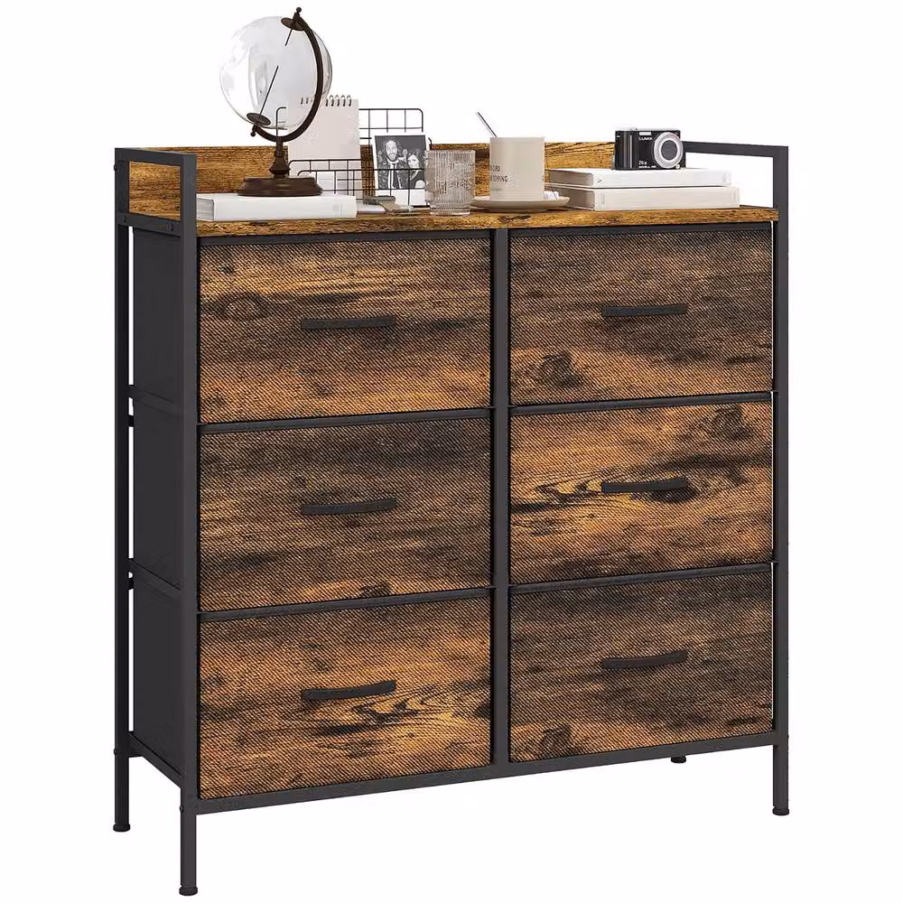 FURNOS Industrial 6 Drawer Chest Storage Unit with Shelf, Brown – 5