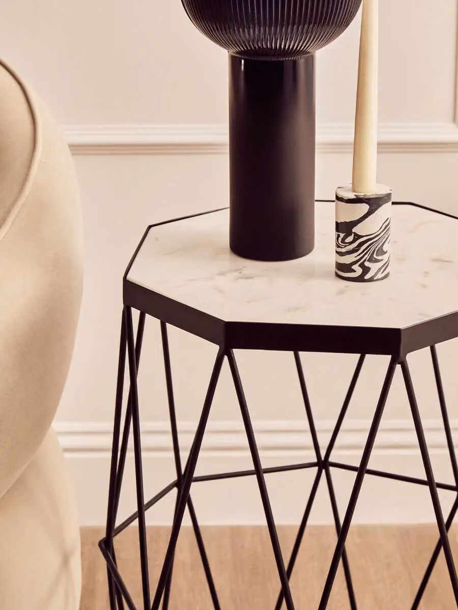 Interiors by Premier Orsina Side Table with Octagonal White Marble Inset and Geometric Black Iron Frame – 3