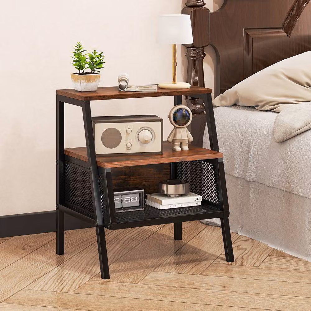 Costway Industrial 3-Tier Nightstand with 2 Open Shelves in Brown – 6