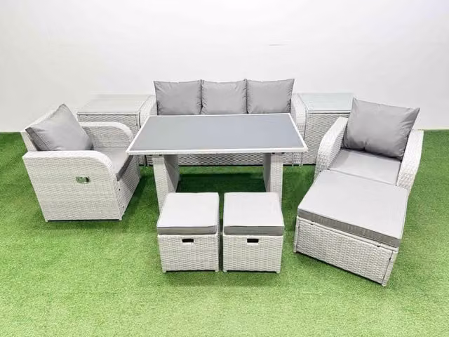 Fimous 8-Seater Outdoor Rattan Garden Dining Set with 2 Side Tables in Light Grey
