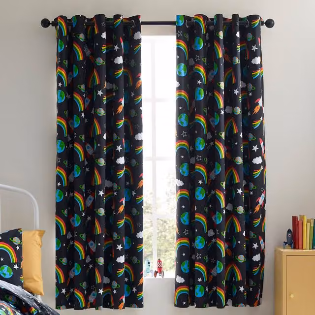 Catherine Lansfield Rainbow Rockets Ready Made Eyelet Curtains, Black and Multicolour, W: 167.64 cm, H: 182.88 cm