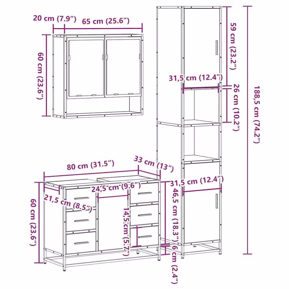 Berkfield Home 3 Piece Industrial Bathroom Furniture Set in Brown Smoked Oak – 4