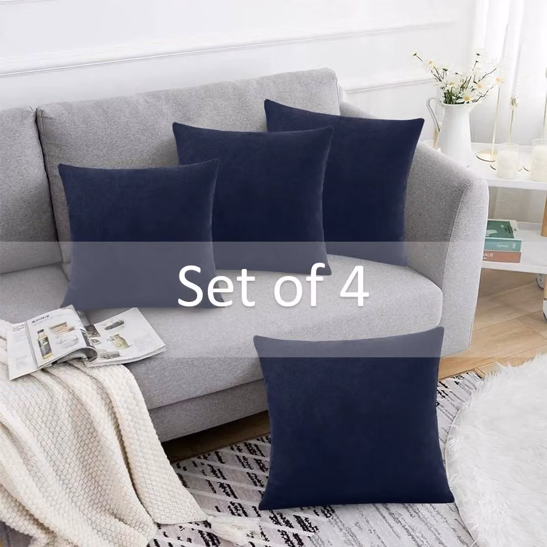 Luxor Living Set of 4 Blue Velvet Chenille Square Cushions with Removable Covers, W/D/H: 45 x 45 x 45 cm – 2
