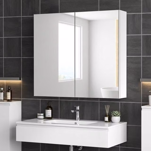STILVORA Modern Silver Mirror Cabinet with Double Hinged Glass Doors and LED Lighting, Width: 60 cm – 1