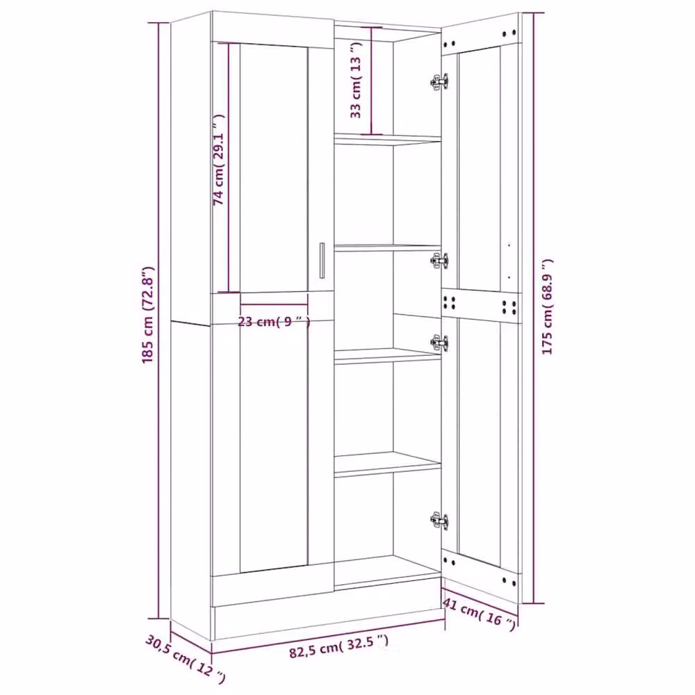 Berkfield Home Vitrine Cabinet in Smoked Oak Brown with Glass Doors, W/D/H: 82.5 x 30.5 x 185.5 cm – 4