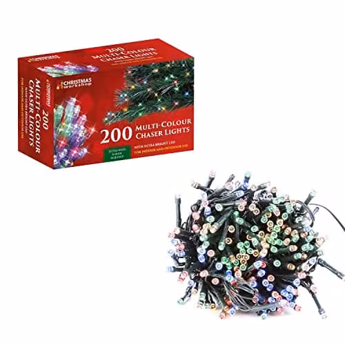 The Christmas Workshop 200 Multi-Coloured LED Chaser Fairy Lights, 13.9 Metres, 8 Light Modes for Indoor or Outdoor Use