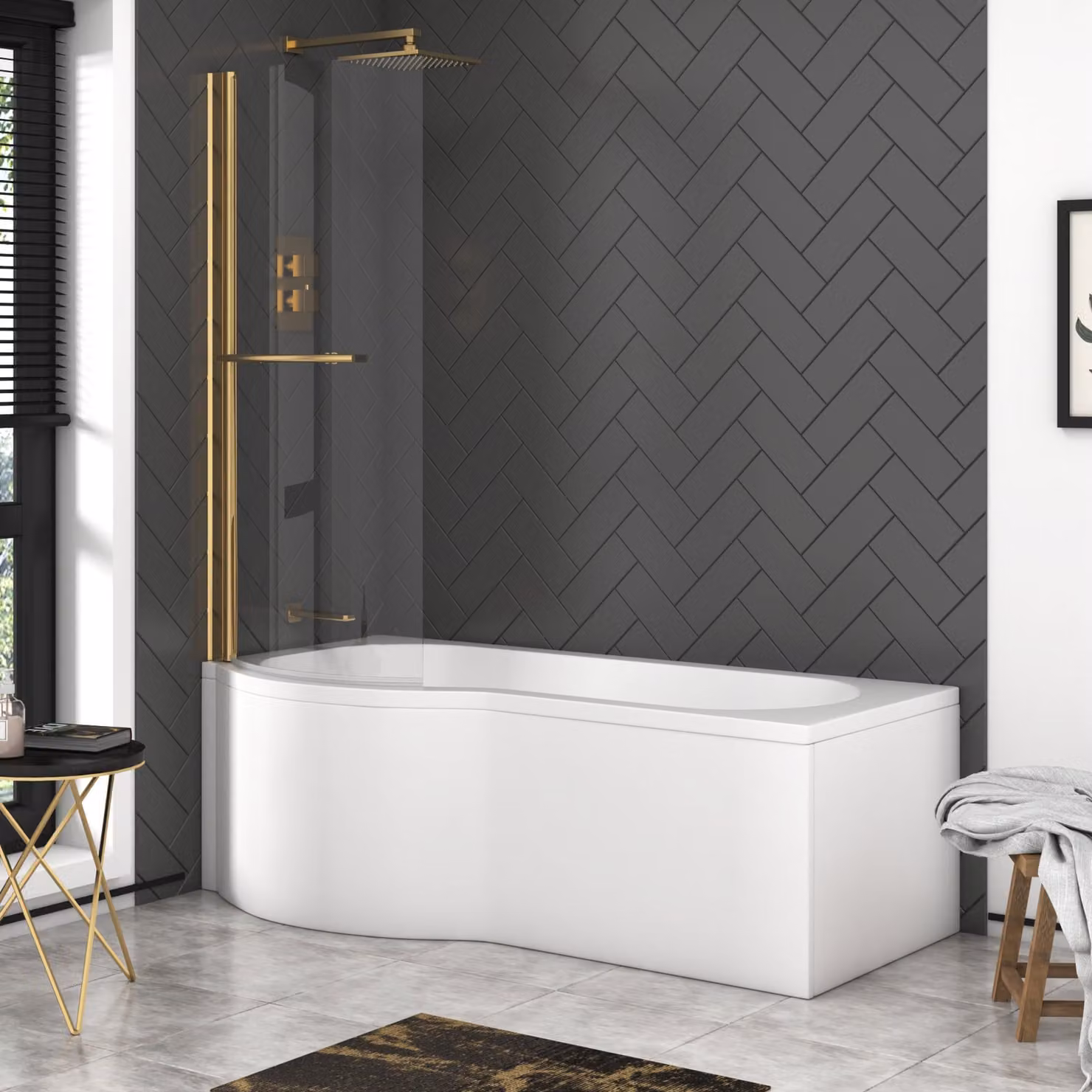 Elva White Acrylic P-Shaped Shower Bath with Front Panel, End Panel and Brushed Brass Screen, W/D/H: 170 x 85 x 5 cm