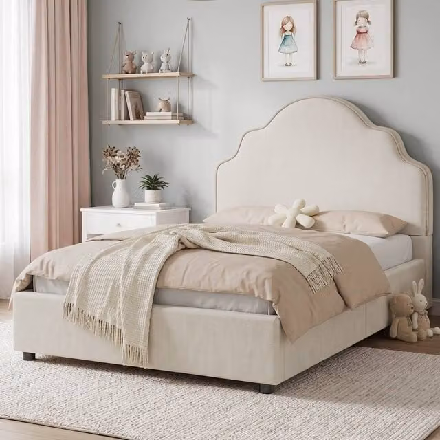 Merax Upholstered Single Bed Frame in Beige with Modern Curved Headboard, W/D/H: 90 x 190 x 100 cm – 1
