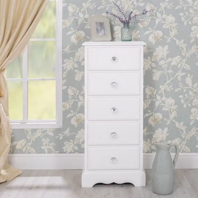Statement Furniture Romance 5 Drawer Tallboy with Crystal Handles in White – 1
