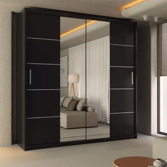 Sliding Wardrobes 4U Ribon Mirror Sliding Door Wardrobe in Black, W/H: 120 x 217 cm