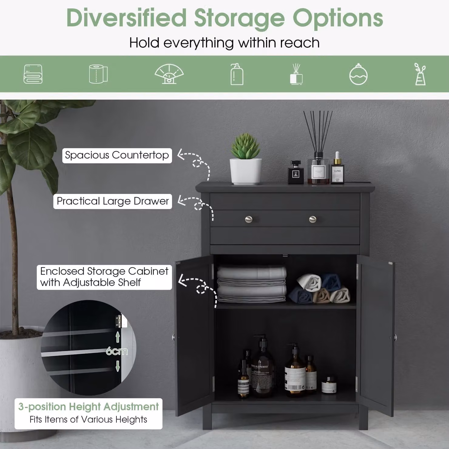 Gymax Black Freestanding Bathroom Storage Cabinet with Internal Shelves and Drawers – 6