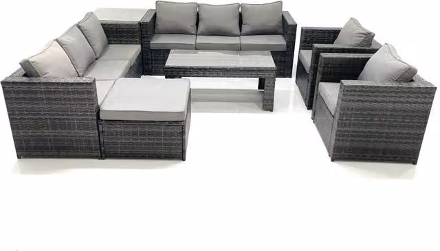 Fimous Rattan L-Shape Garden Furniture Set in Grey with Coffee Table, Armchair, Side Table and Ottoman – 1