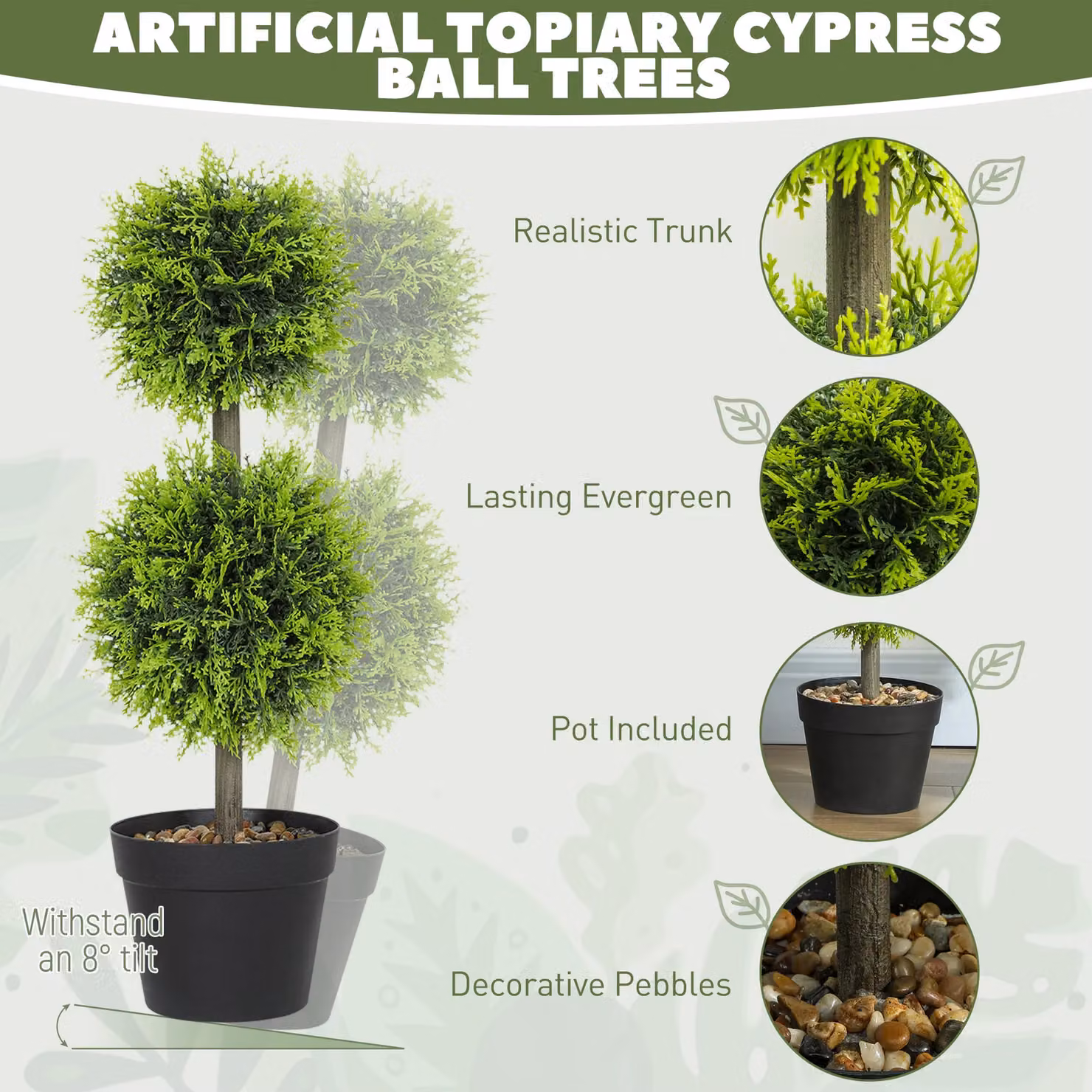 HOMCOM Set of 2 Green Artificial Round Cypress Ball Topiary Trees with Pots and Pebbles – 3