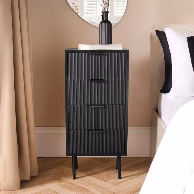 OHS Classic Ribbed Wooden Bedside Table with Drawer, Black, Height: 78 cm