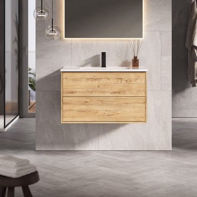 Banyetti Venti 800mm Wall Hung Vanity Unit with Lira Basin in Ostippo Light Oak – 1